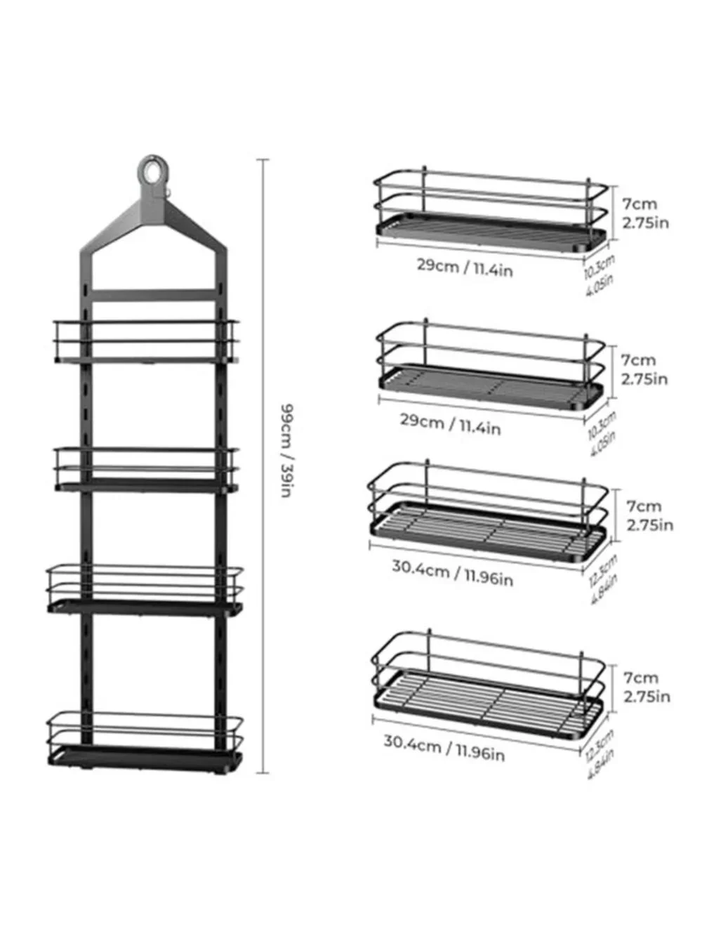 4 Tier Hanging Shower Caddy Adjustable Black Bathroom Shelf Organizer Basket
